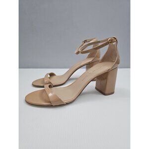 Stuart Weitzman Nudist Block 75 Heels Womens 10 Beige Patent Ankle Strap Sandal